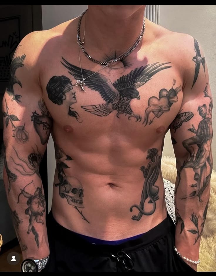 Masculine Eagle and Traditional Chest Tattoo