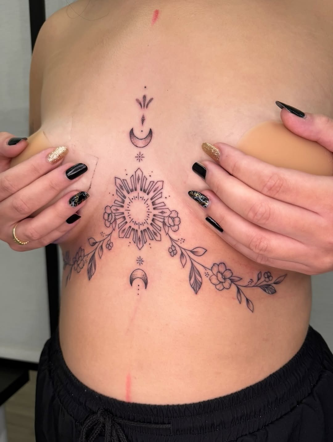 Celestial and Floral Under-Breast Tattoo Piece