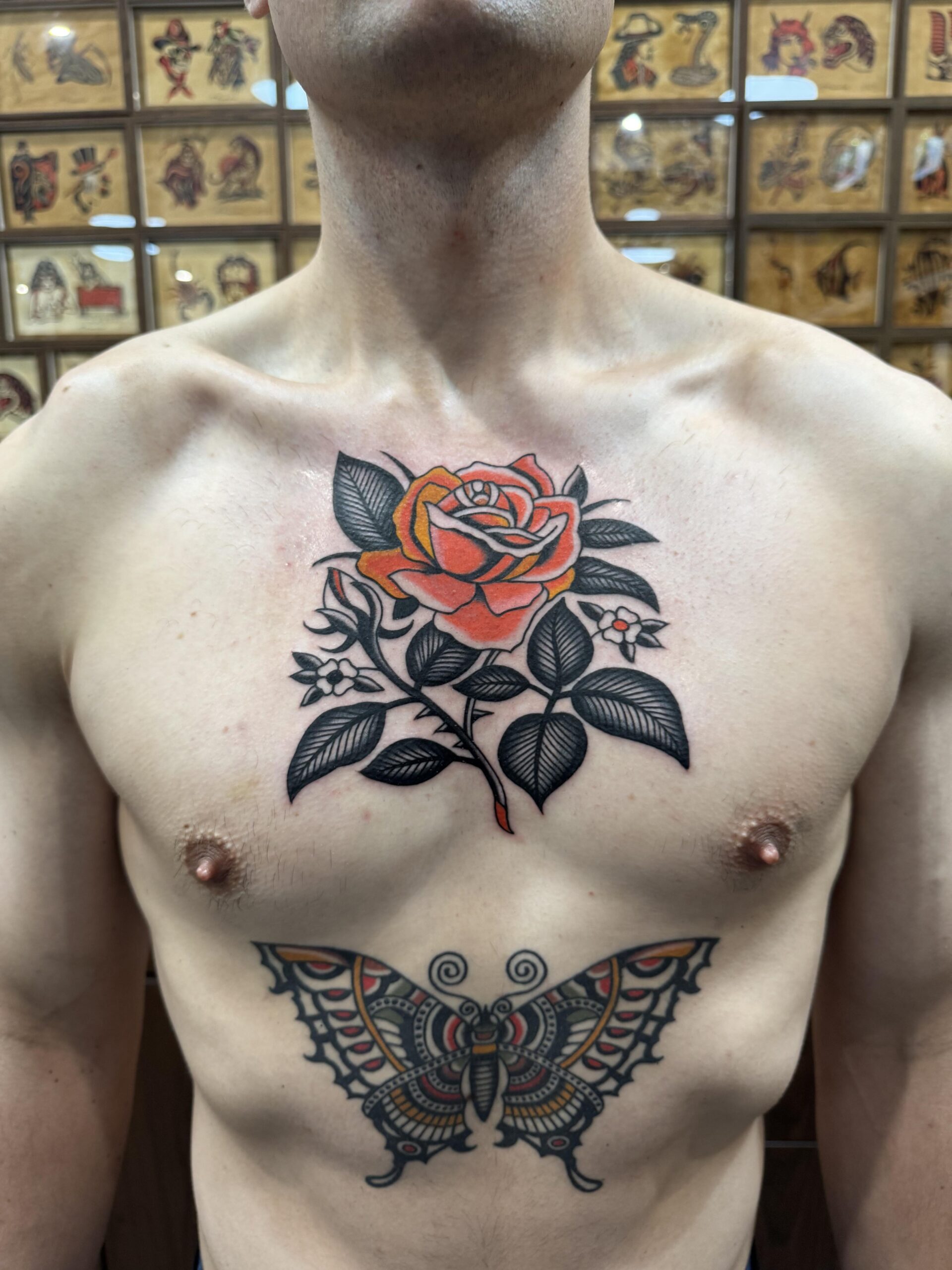 Traditional rose chest ink aesthetic