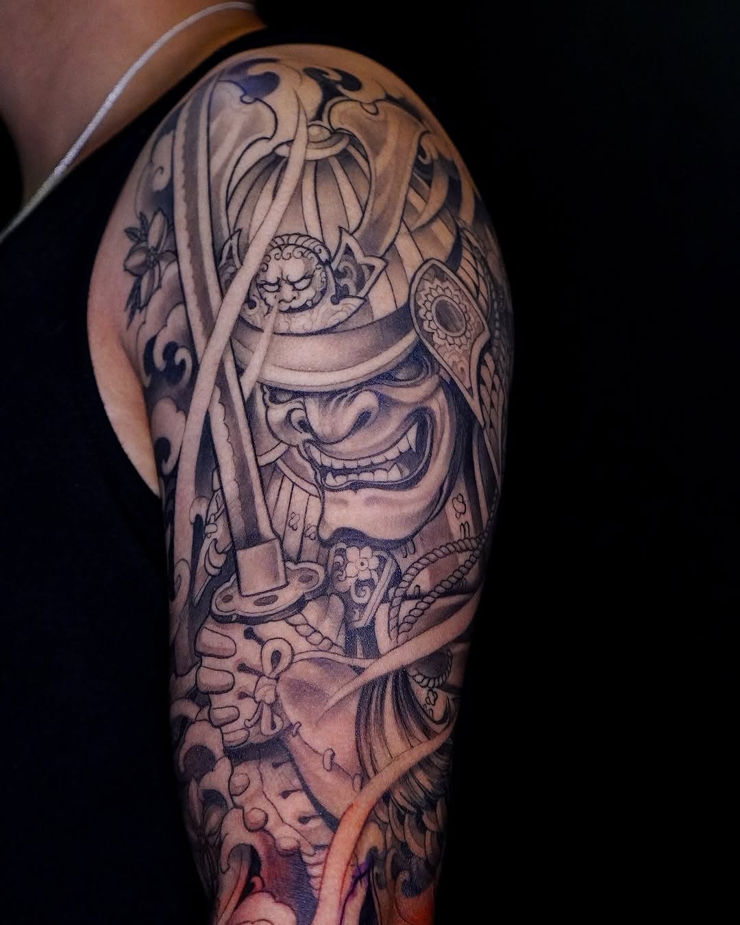 Detailed Samurai Warrior Japanese Sleeve Tattoo