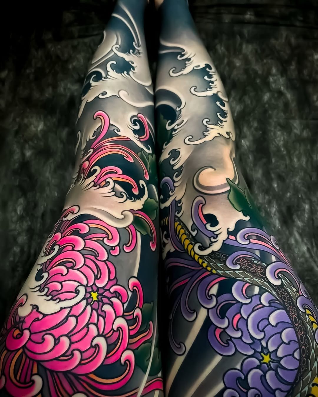 Vivid Japanese Chrysanthemum and Wave Leg Tattoo