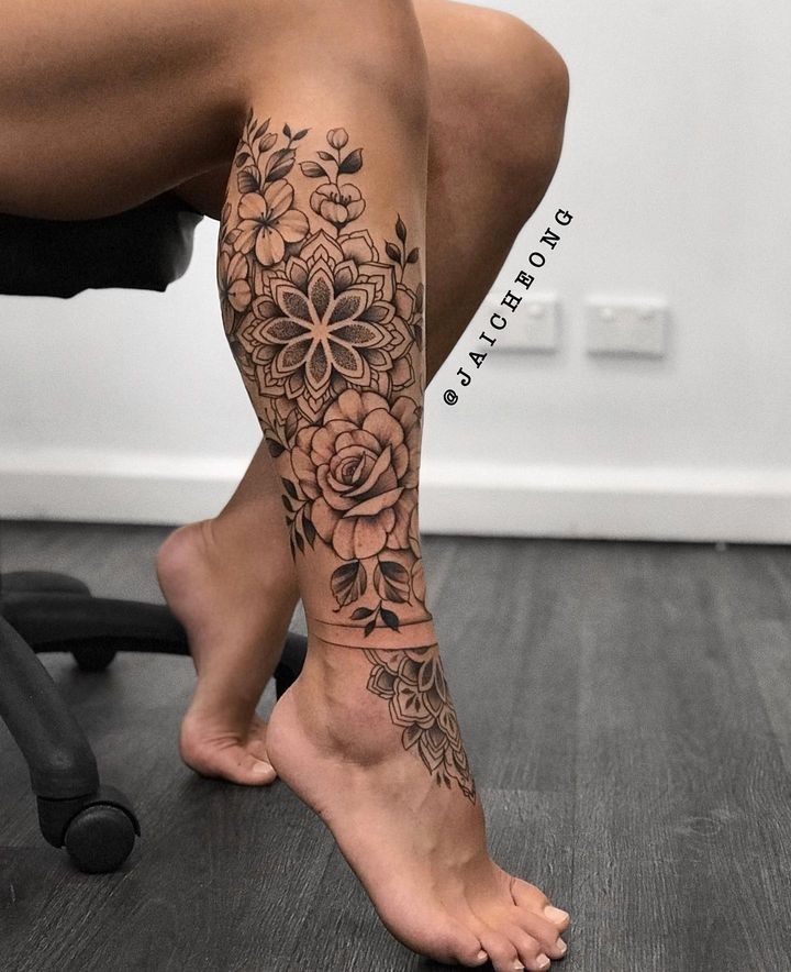 Elegant Mandala Shin Tattoo Design