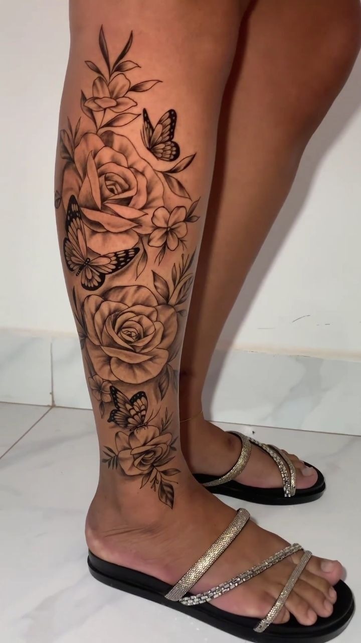 Delicate Floral Shin Tattoo Brilliance