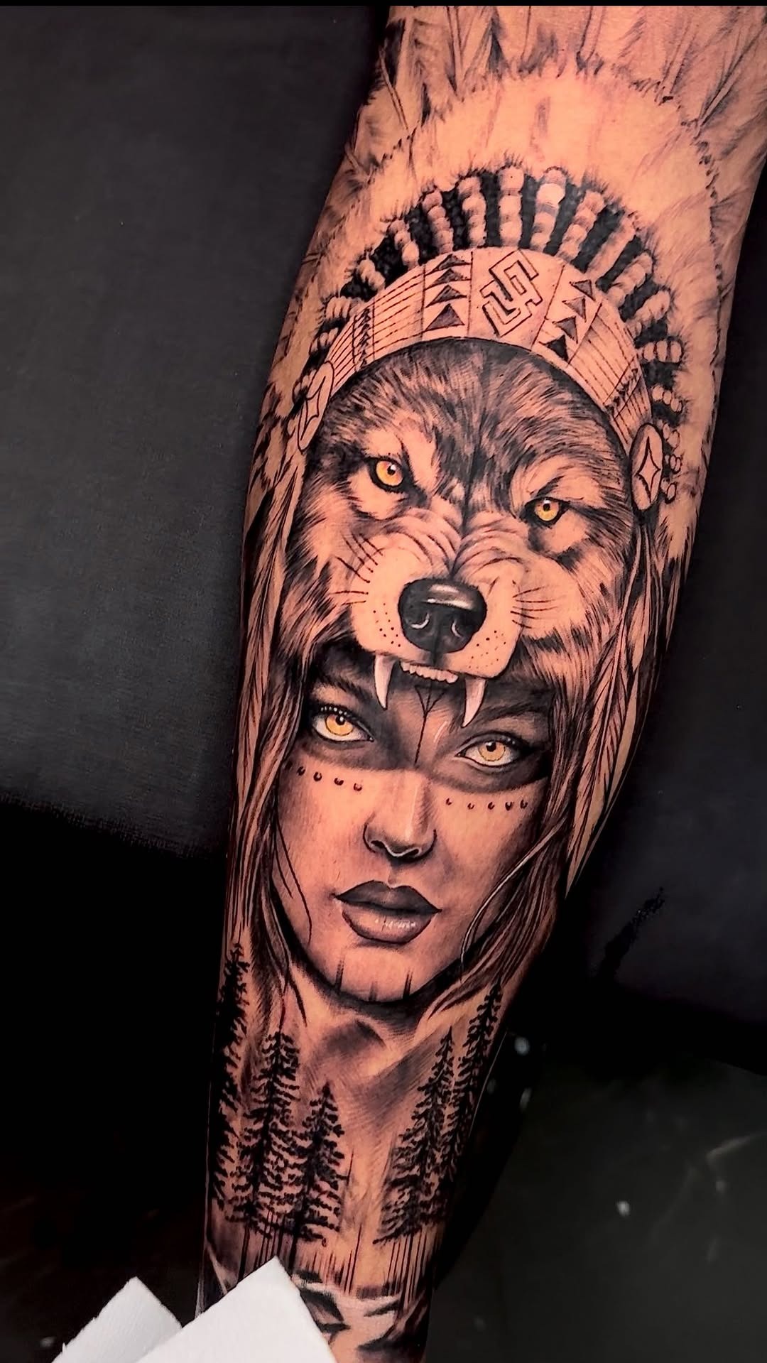 Stunning Wolf-Headdress Portrait Tattoo