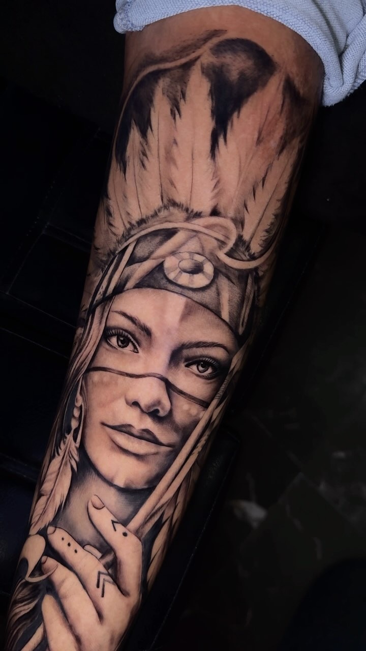 Detailed Realistic Native American Figure Tattoo