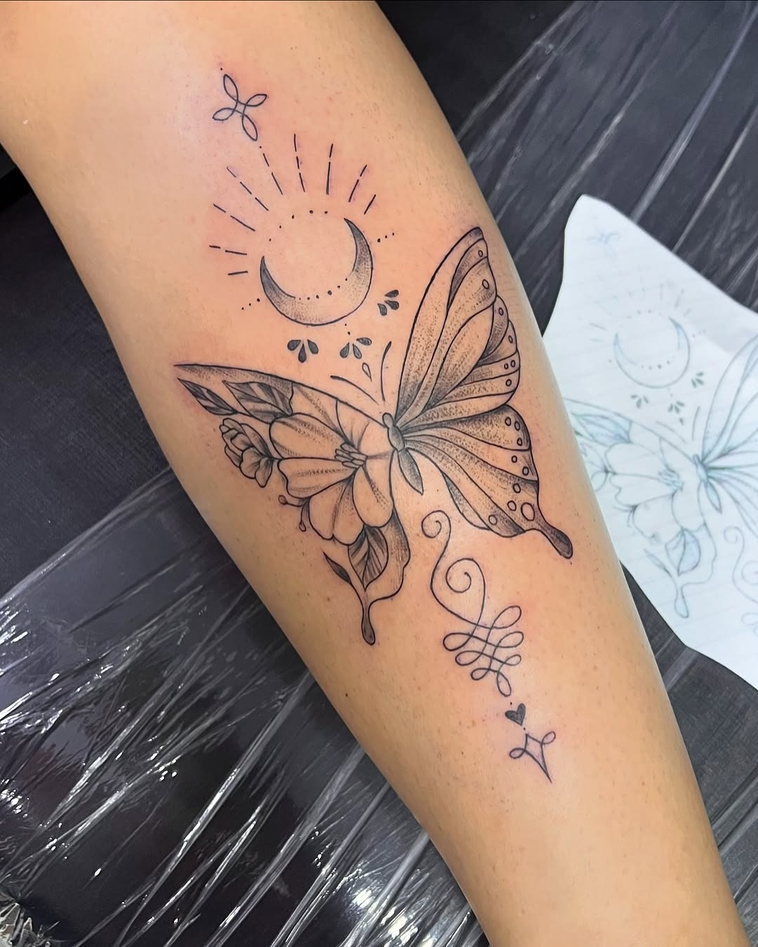 Elegant fine-line butterfly and moon art