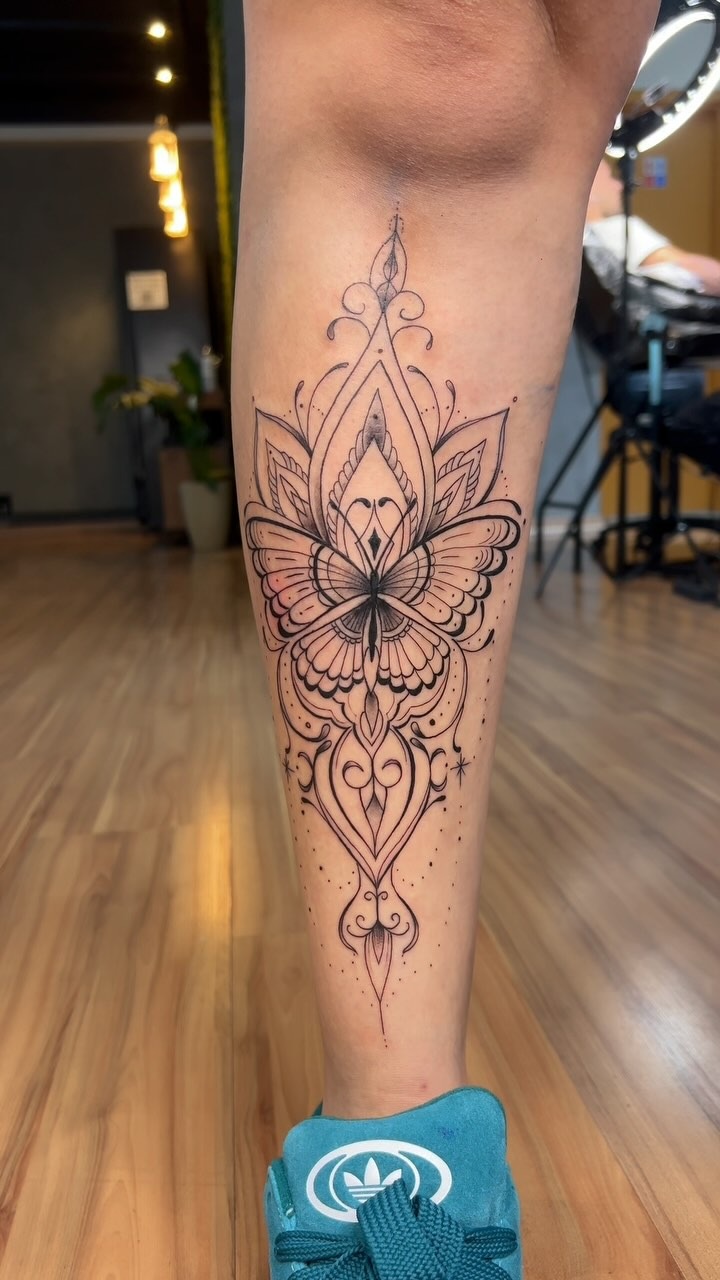 Symmetrical Ornamental Shin Tattoo