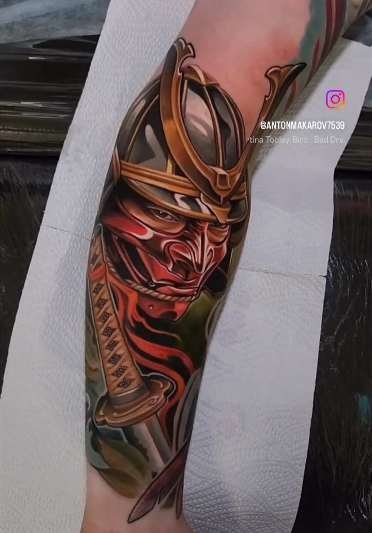 Bold Samurai Mask Sleeve Tattoo