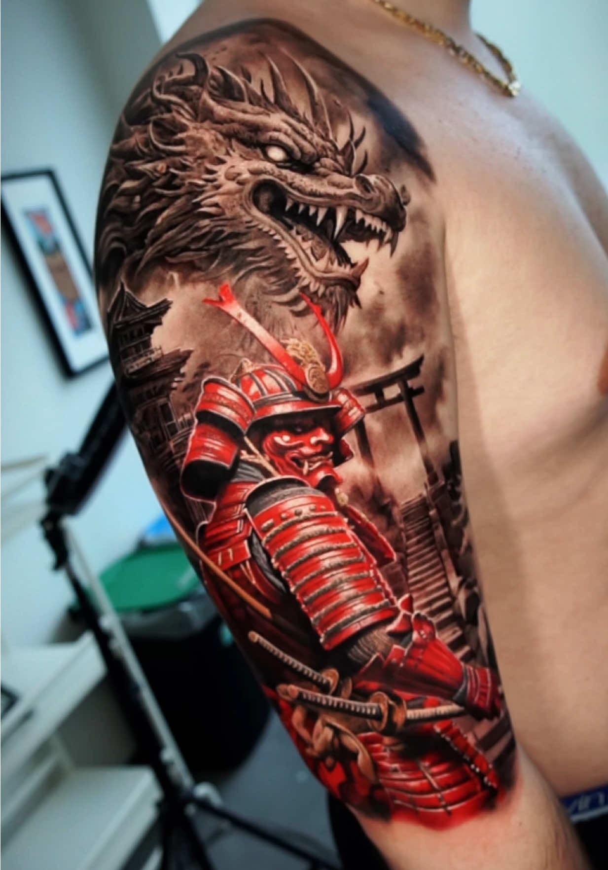 Detailed Japanese samurai and dragon arm sleeve