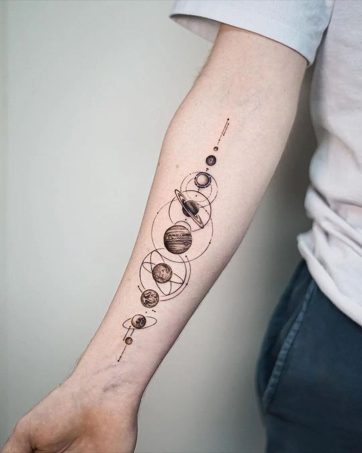 Geometric solar system forearm ink