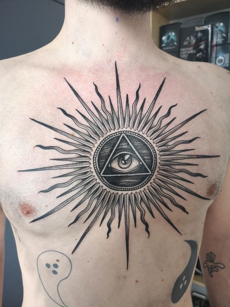 Sunburst All-Seeing Eye Chest Tattoo