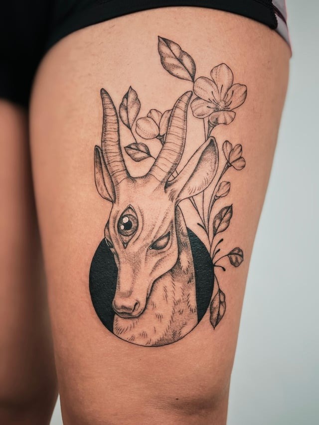 Unique botanical deer third eye tattoo