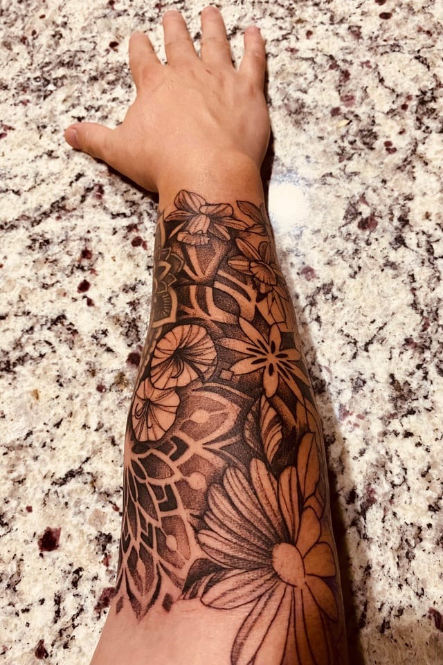 Detailed Floral Half Mandala Forearm Art