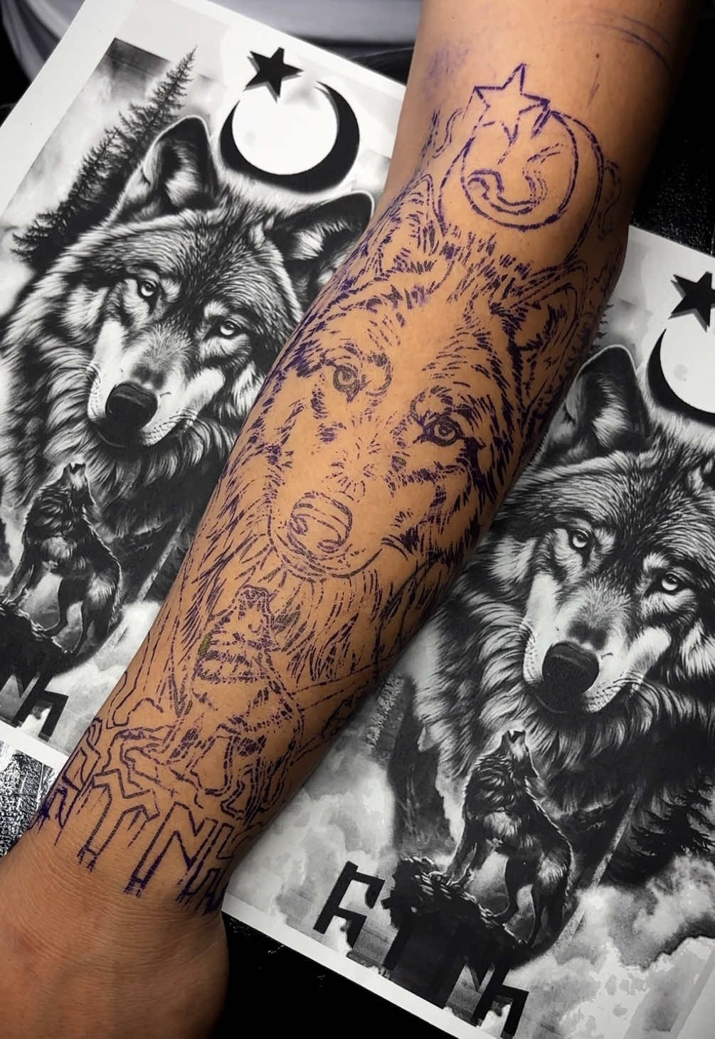 Bold Wolf Arm Tattoo Stencil