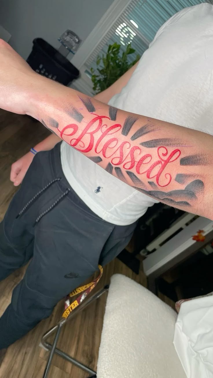 Script blessed forearm tattoo for men