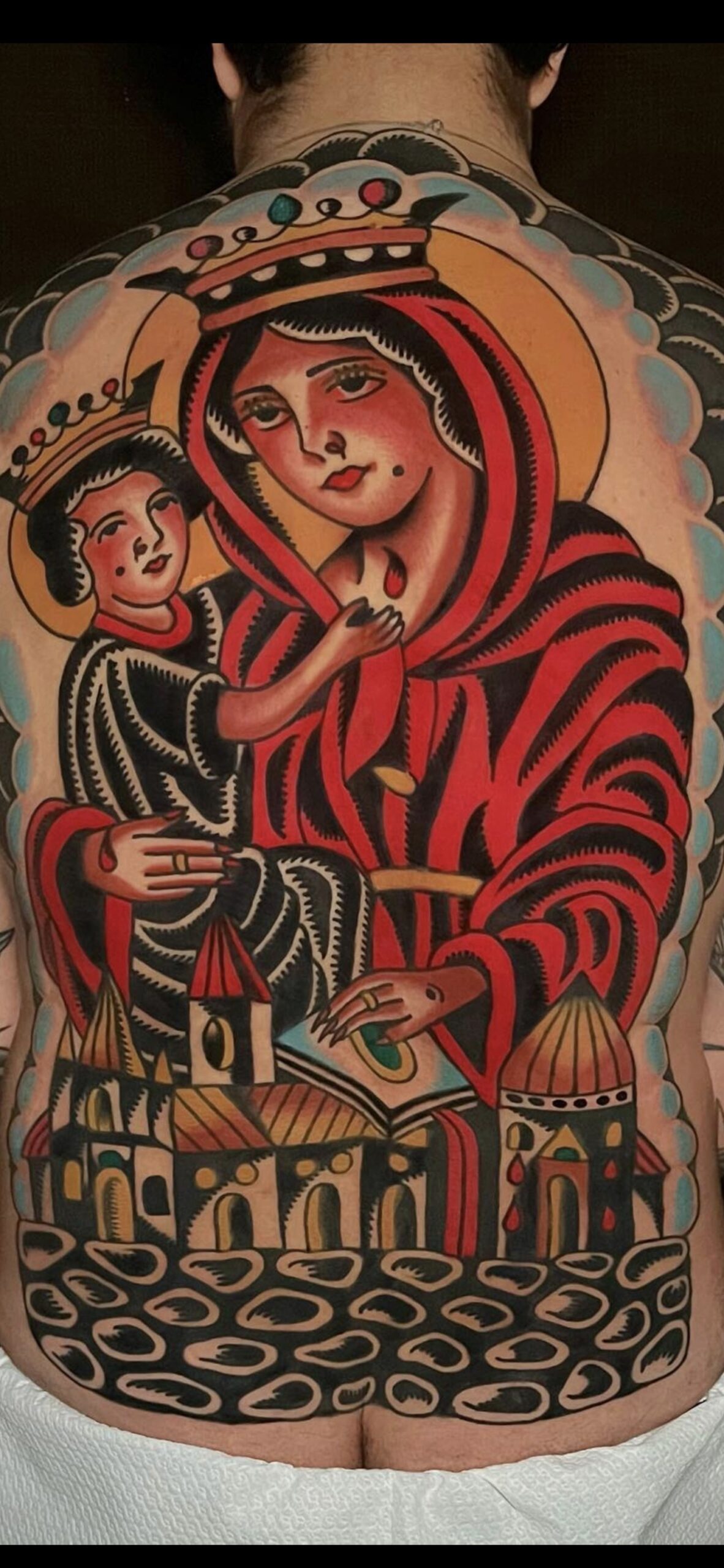 Traditional Italian religious back tattoo masterpiece