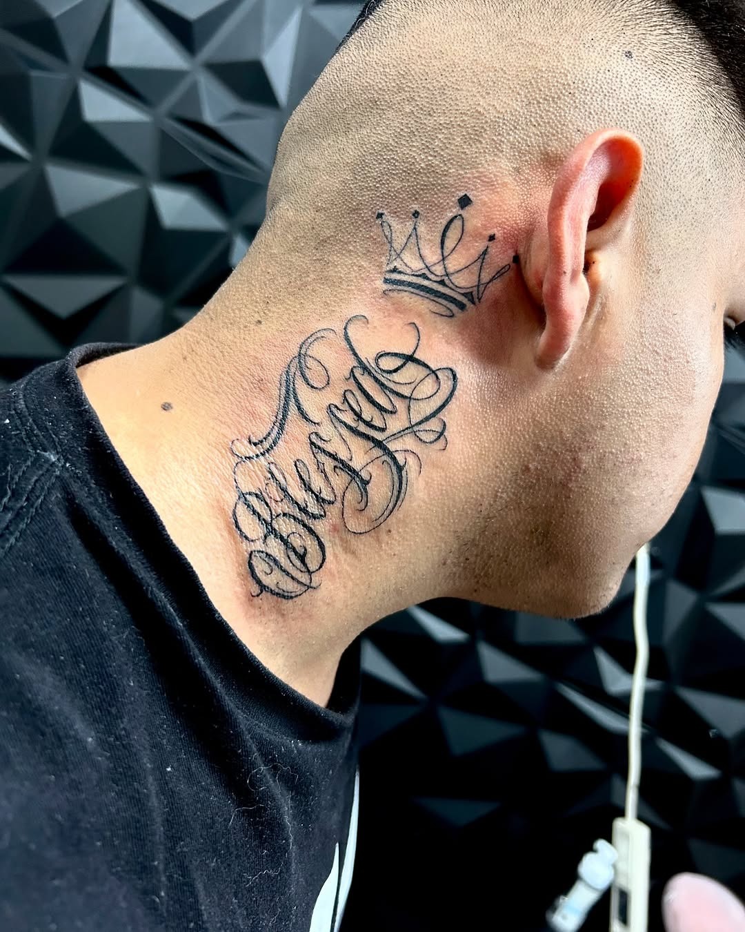 Classy 'Blessed' Script and Crown Neck Tattoo