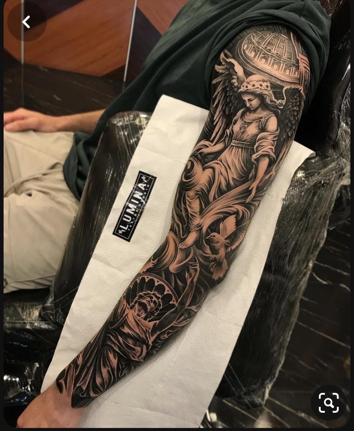 Intricate Religious Angel Sleeve Tattoo Inspiration