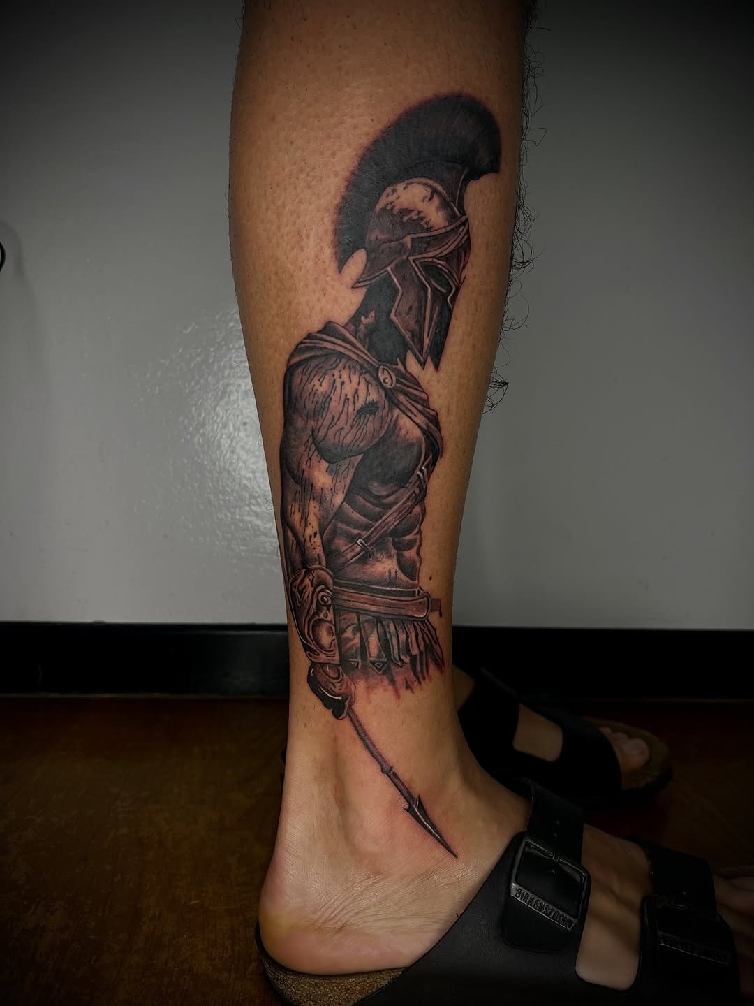 Detailed Roman Gladiator Leg Tattoo