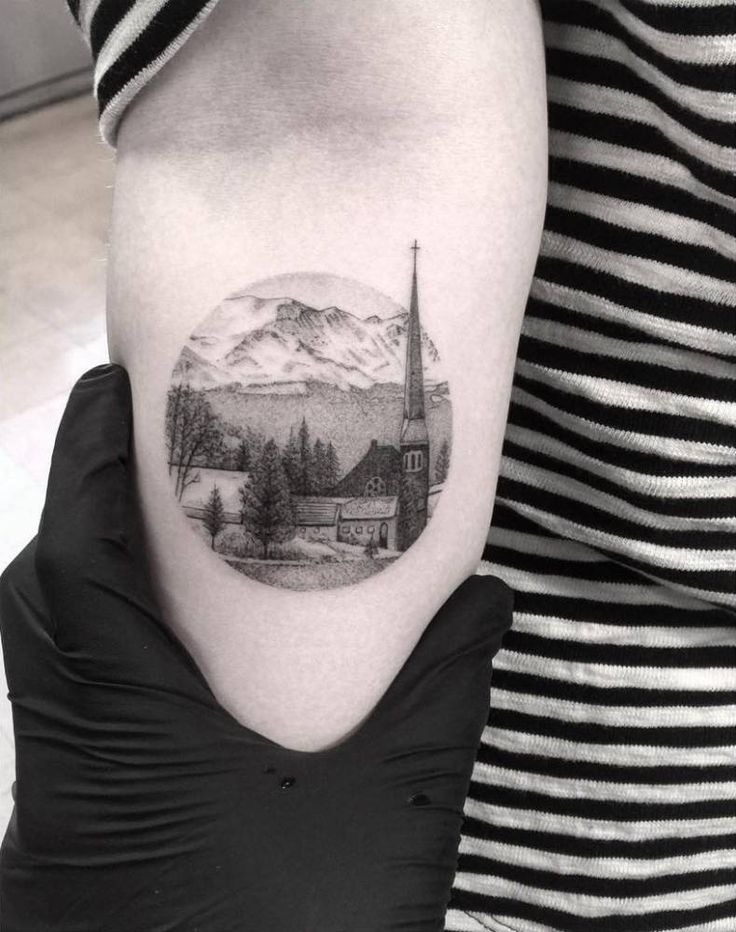 Alpine Landscape Fine-Line Tattoo