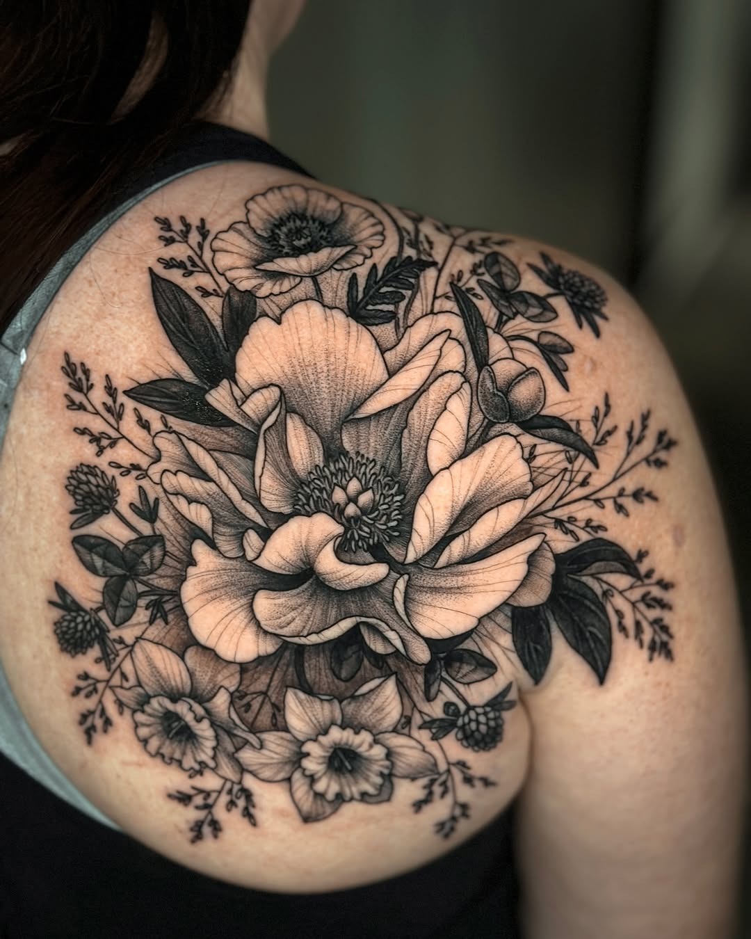 Bold Blackwork Floral Shoulder Piece