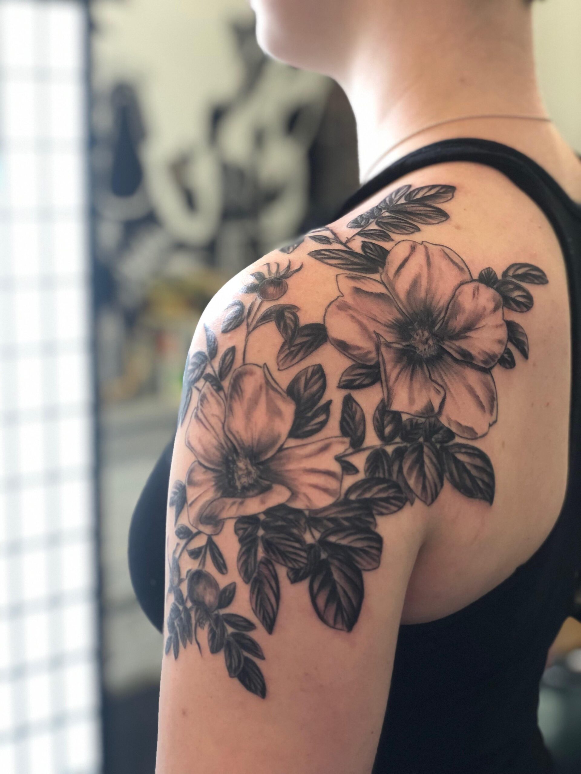 Elegant Black and Grey Floral Shoulders