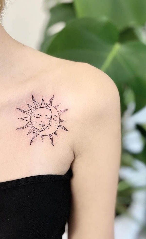Delicate Sun and Moon Clavicle Tattoo