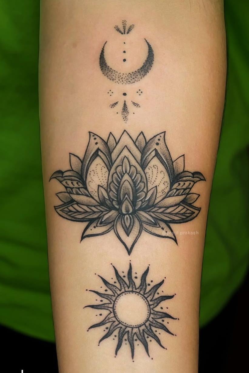Spiritual Lotus and Celestial Tattoo Design