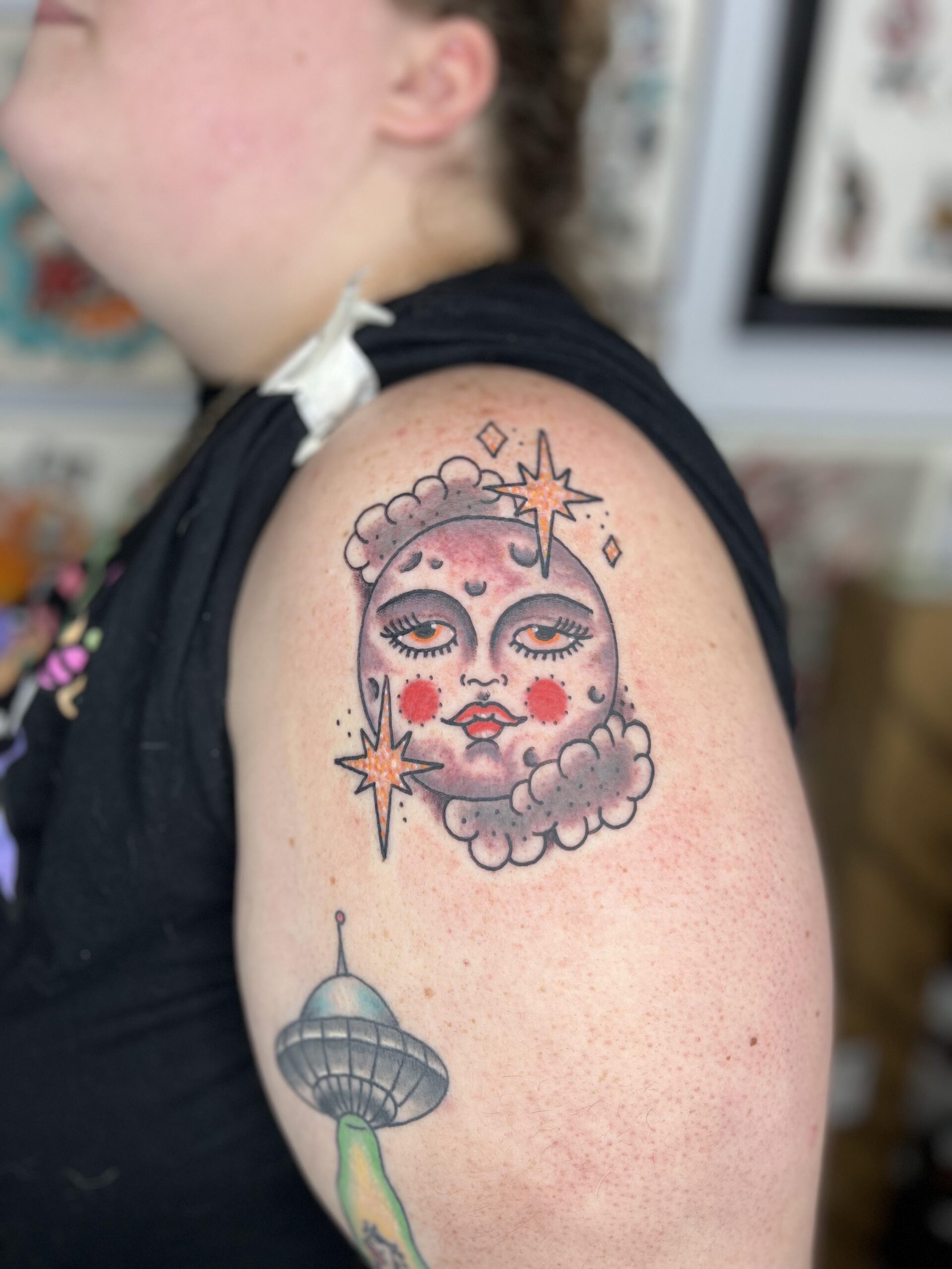 Whimsical Neo-Traditional Sun and Moon Tattoo