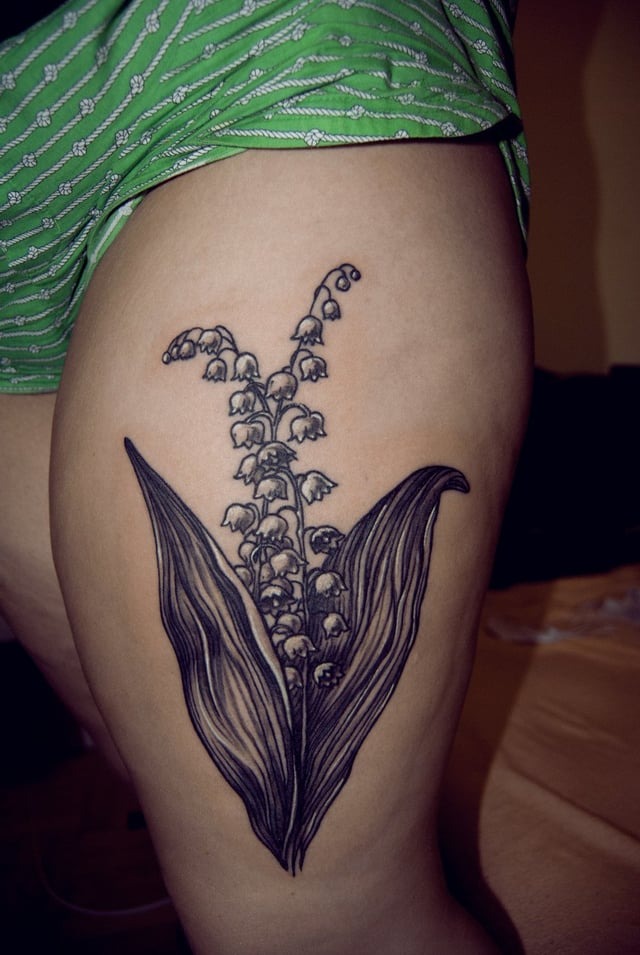 Illustrative Lily of the Valley Leg Tattoo