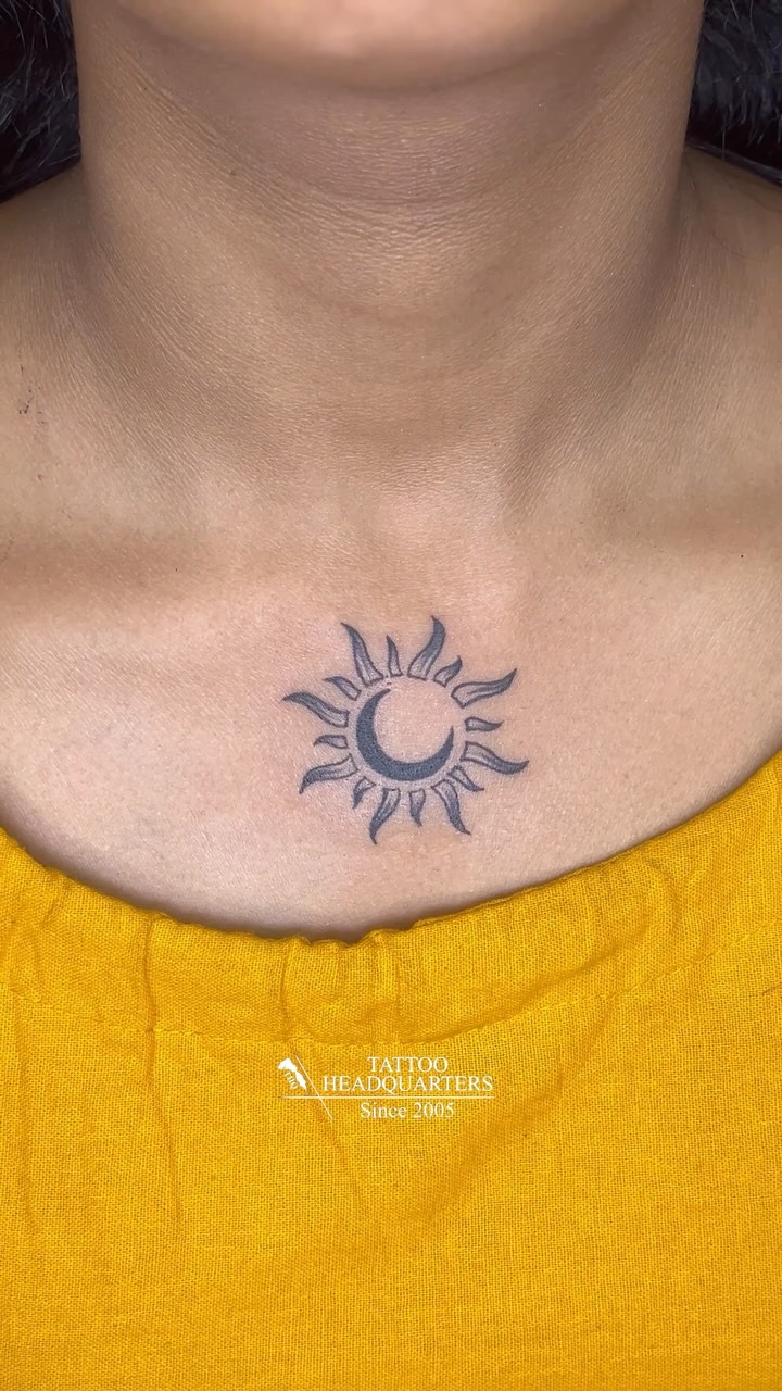 Minimalist Sun and Moon Collarbone Tattoo