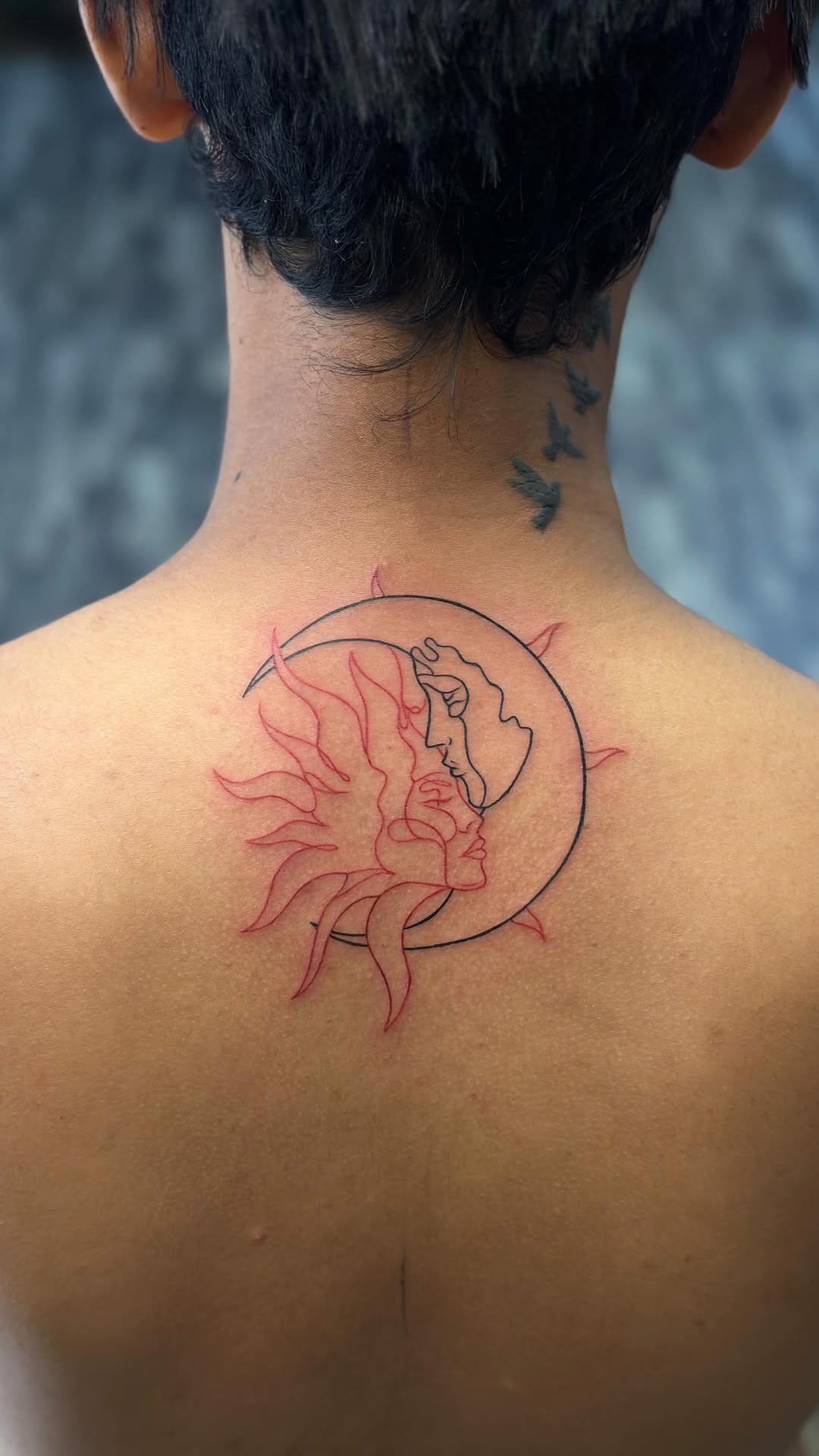 Modern Dual-Toned Celestial Back Tattoo
