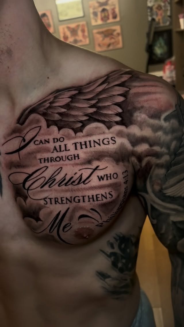 Meaningful Religious Script Chest Tattoo