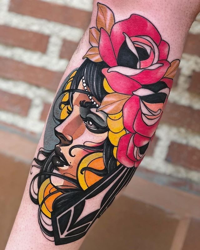 Vibrant Neo-Traditional Floral Tattoo