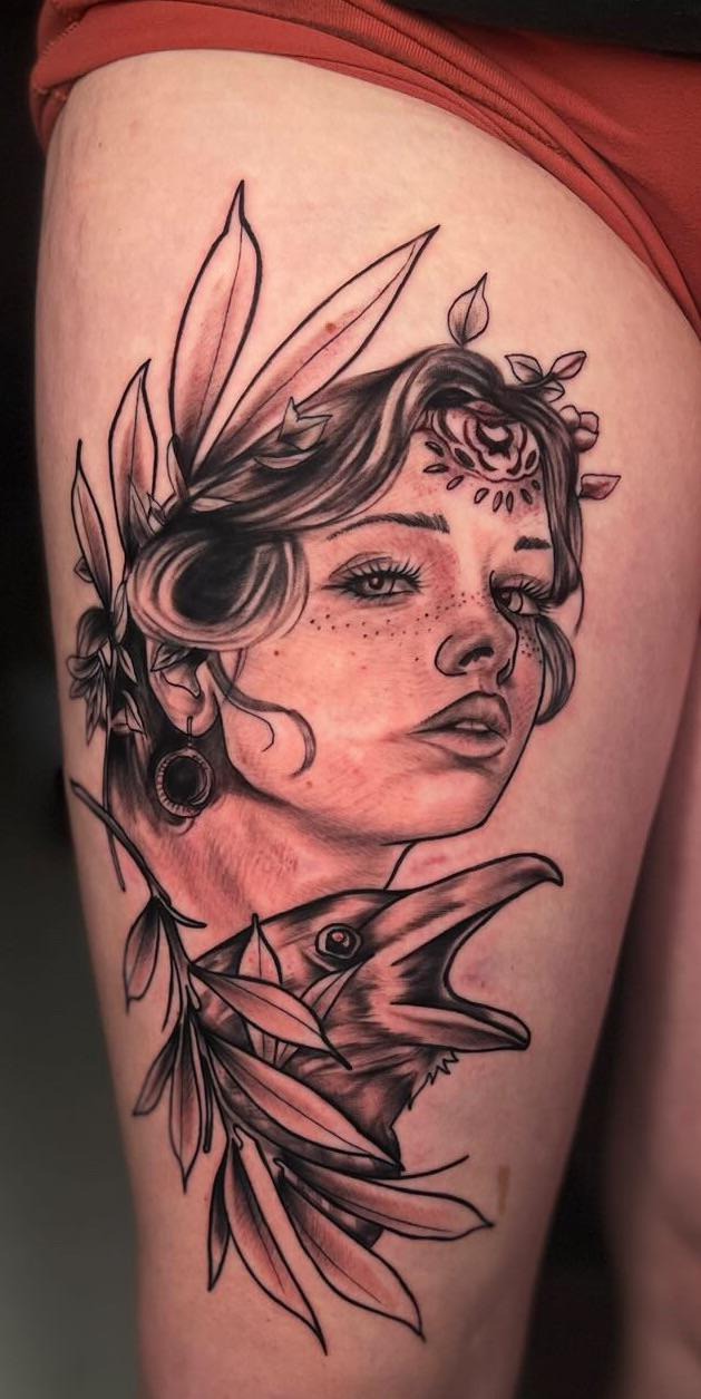 Elegant Neo-Traditional Portrait and Raven Tattoo