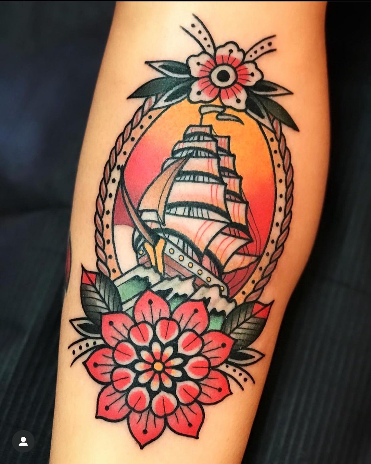 Nautical Neo-Traditional Ship Tattoo
