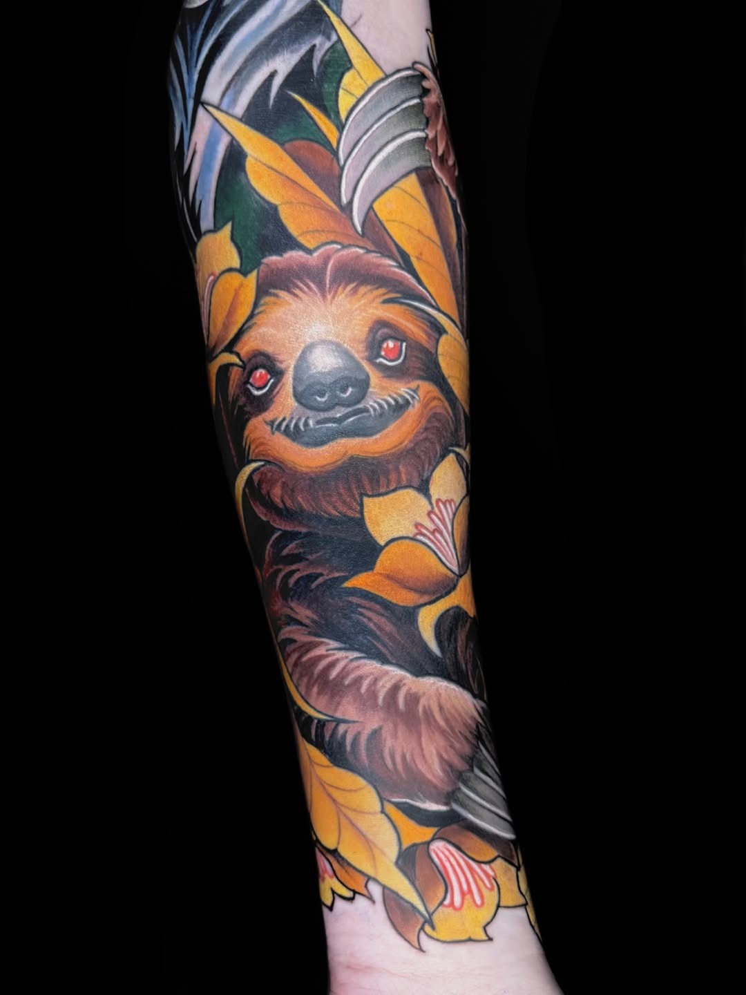 Whimsical Neo-Traditional Sloth Tattoo